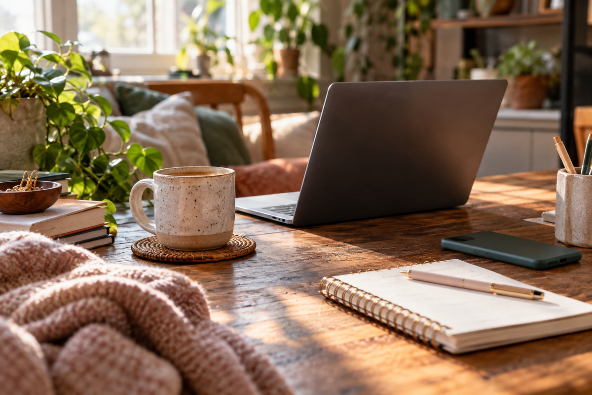 Warm home workspace with laptop, notebook, coffee and phone for an ADHD emotional regulation article