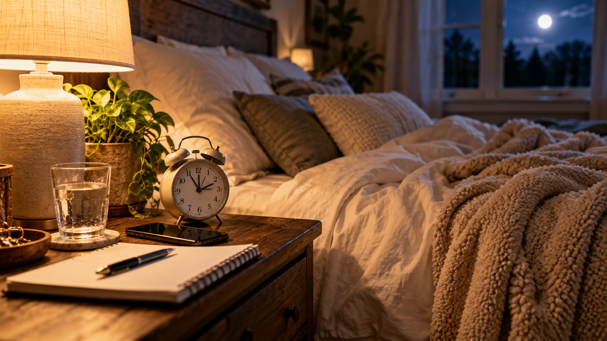 Cozy moonlit bedroom with bedside clock, notebook, water and face-down phone for an adult ADHD sleep article