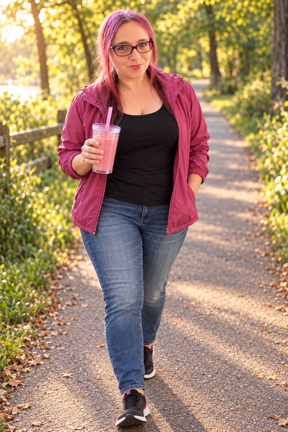 Melisa walking outdoors with a pink wellness drink during menopause