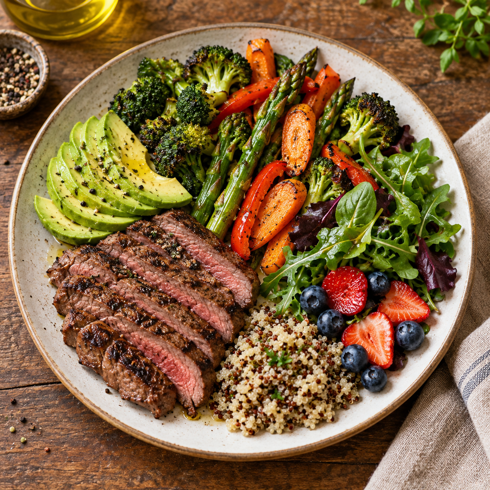 Balanced steak and vegetable meal for menopause hunger and appetite