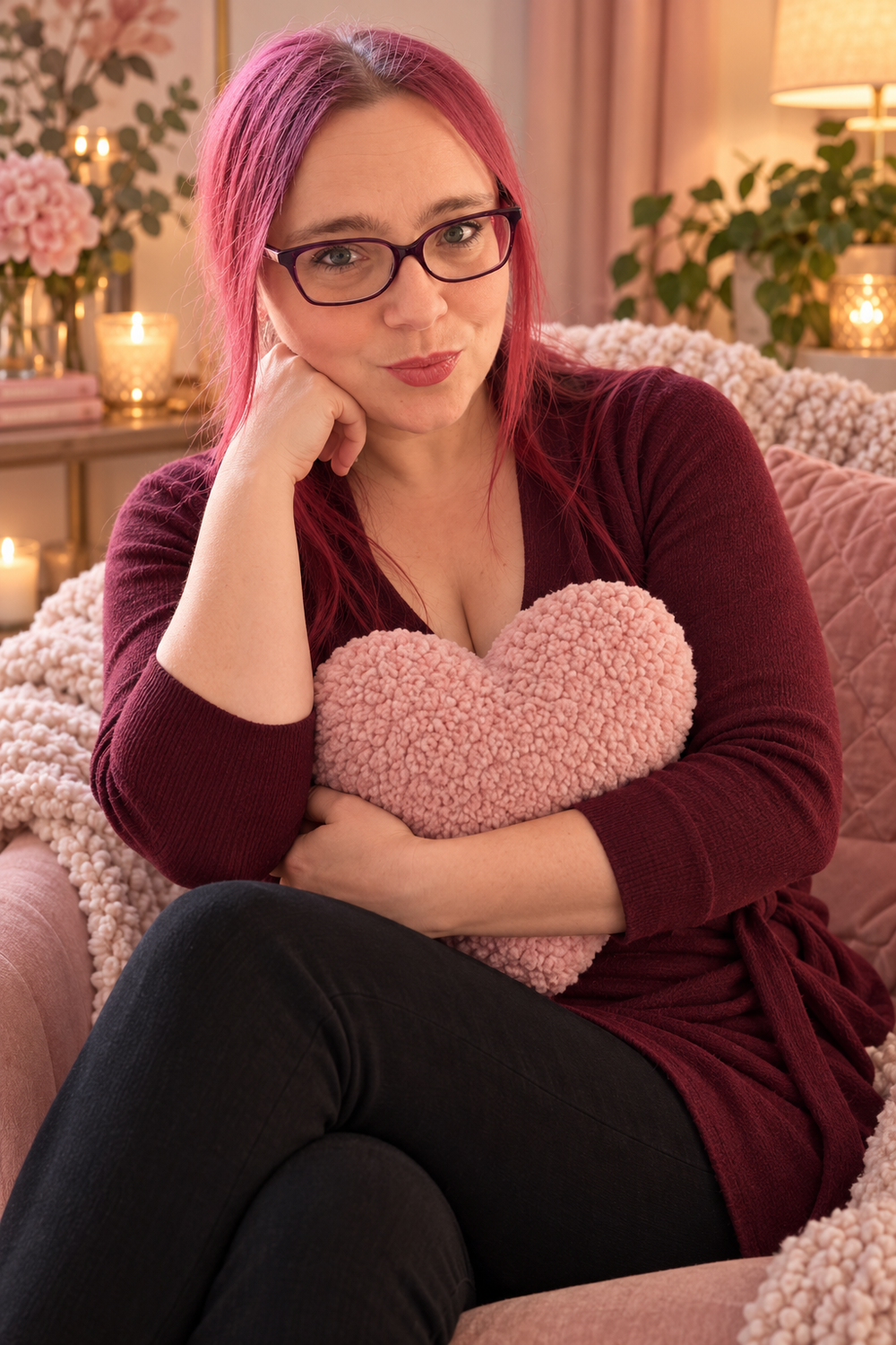 Melisa holding a heart pillow for a menopause intimacy article