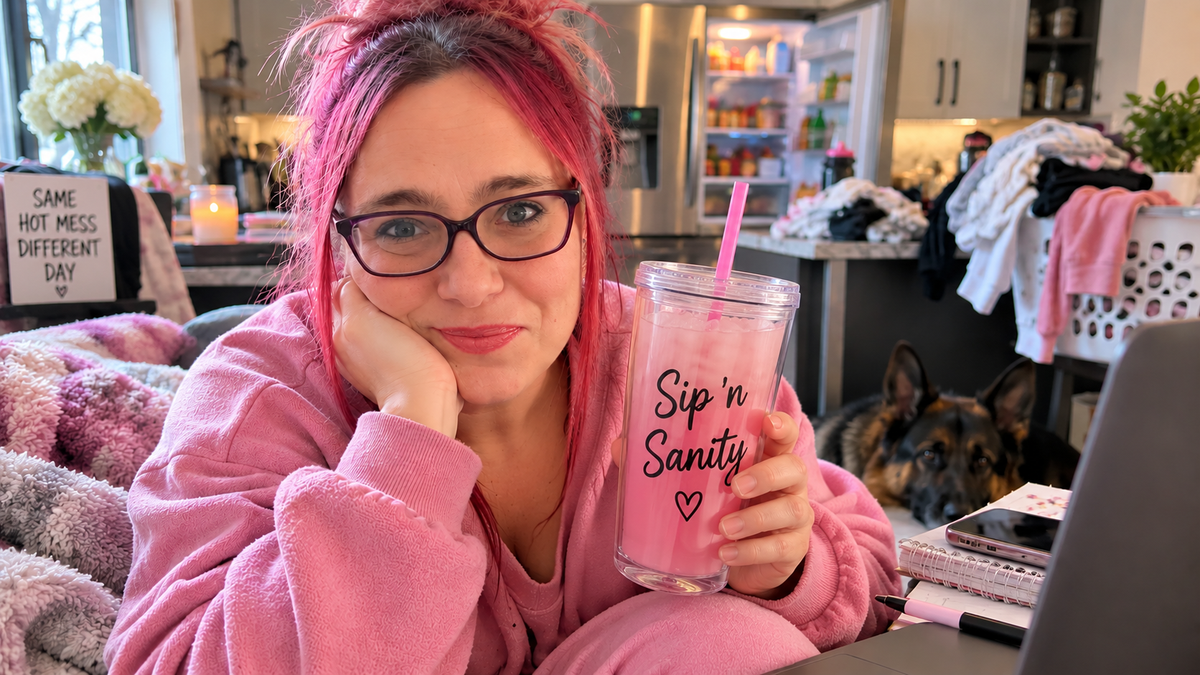 Melisa with a Sip 'n Sanity tumbler for Menopause Unfiltered